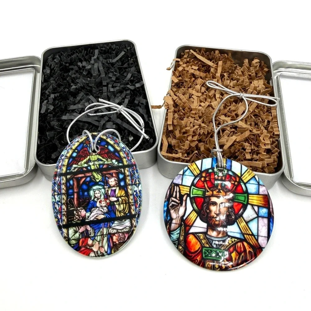 Set of 2 Religious Stained Glass Style Jesus Christ Nativity Ornaments with Tins
